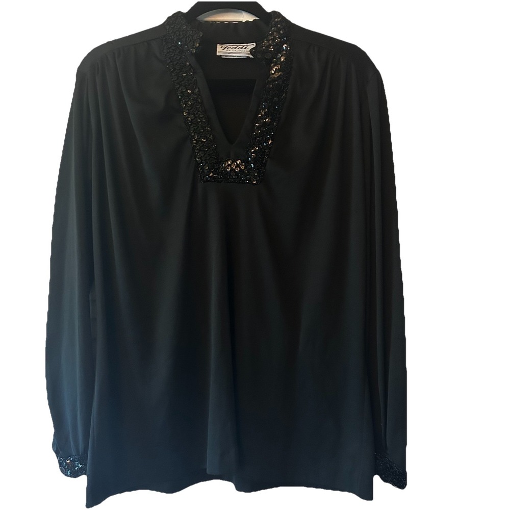 VTG Teddi Of California Black Sequin Trim‎ Polyester Blouse Size 16